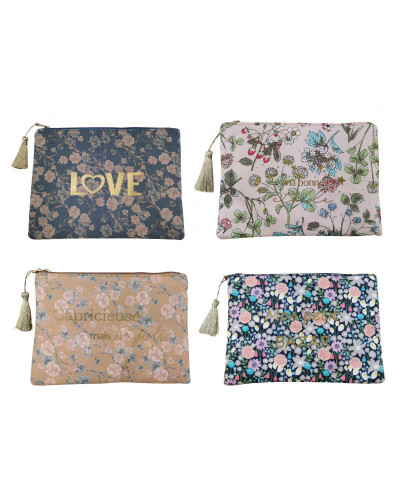 POCHETTE  TISSU AVEC TEXTE+POMPON X5 COUL