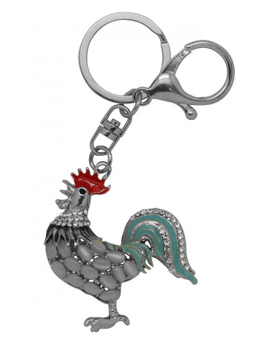 PORTE-CLES COQ EN METAL CHROME SERTI DE