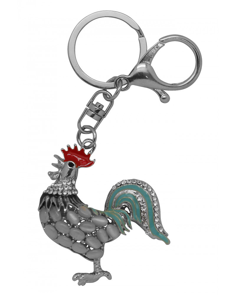 PORTE-CLES COQ EN METAL CHROME SERTI DE