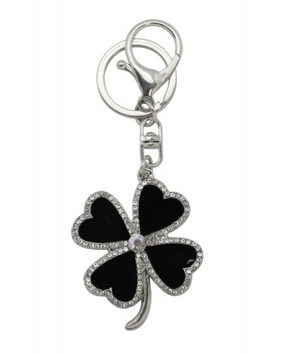 PORTE-CLES TREFLE NOIR EN EMAIL ET STRASS