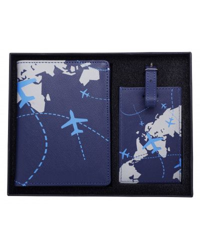 COFFRET PROTEGE-PASSEPORT + ETIQUETTE A BAGAGE BLEUS