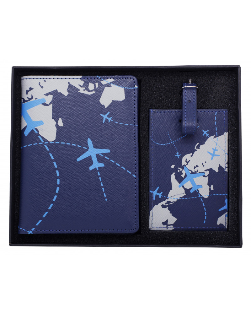 COFFRET PROTEGE-PASSEPORT + ETIQUETTE A BAGAGE BLEUS