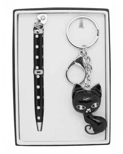 COFFRET STYLO NOIR + PORTE CLES CHAT NOI
